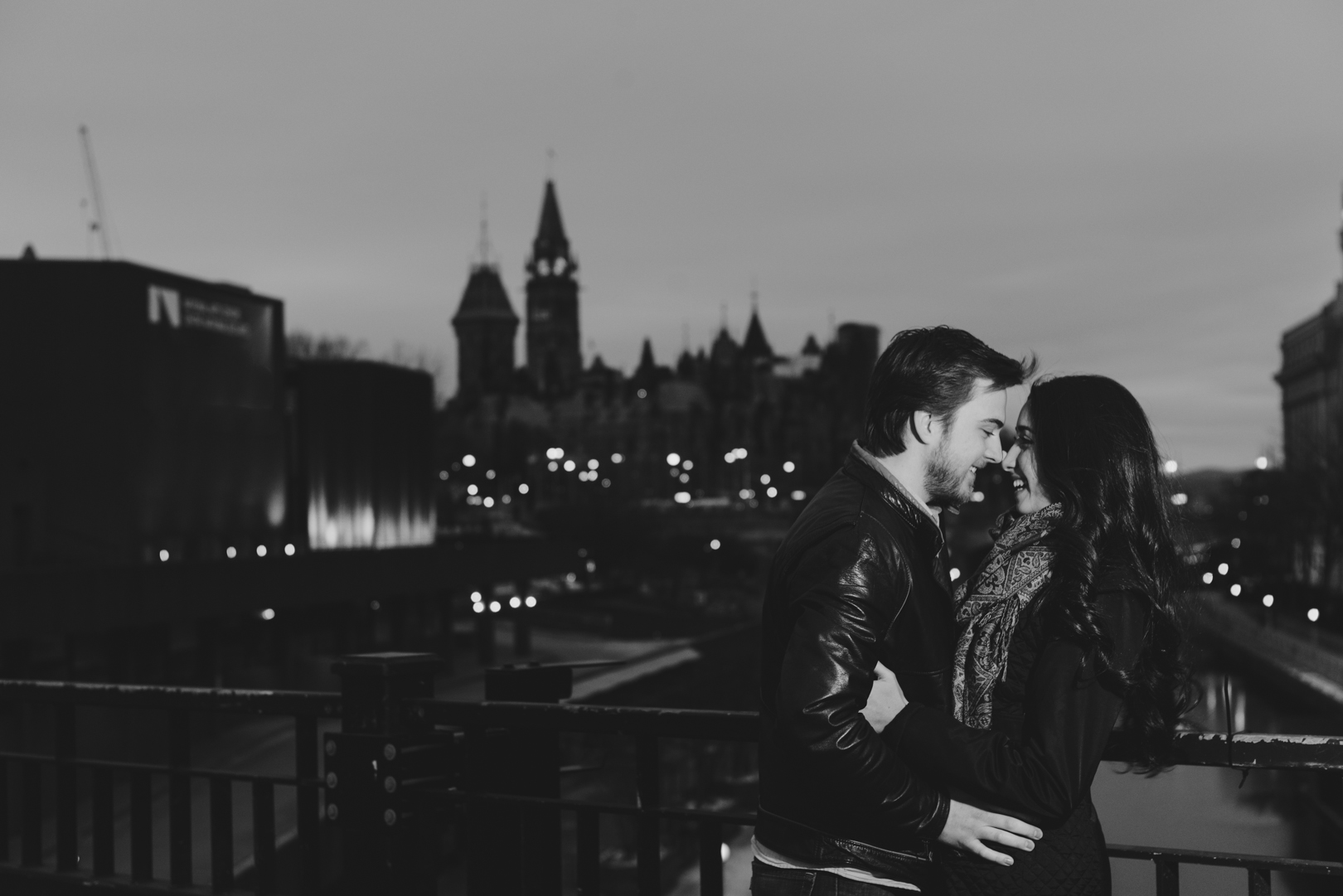 Engagement photos overlooking downtown Ottawa at night