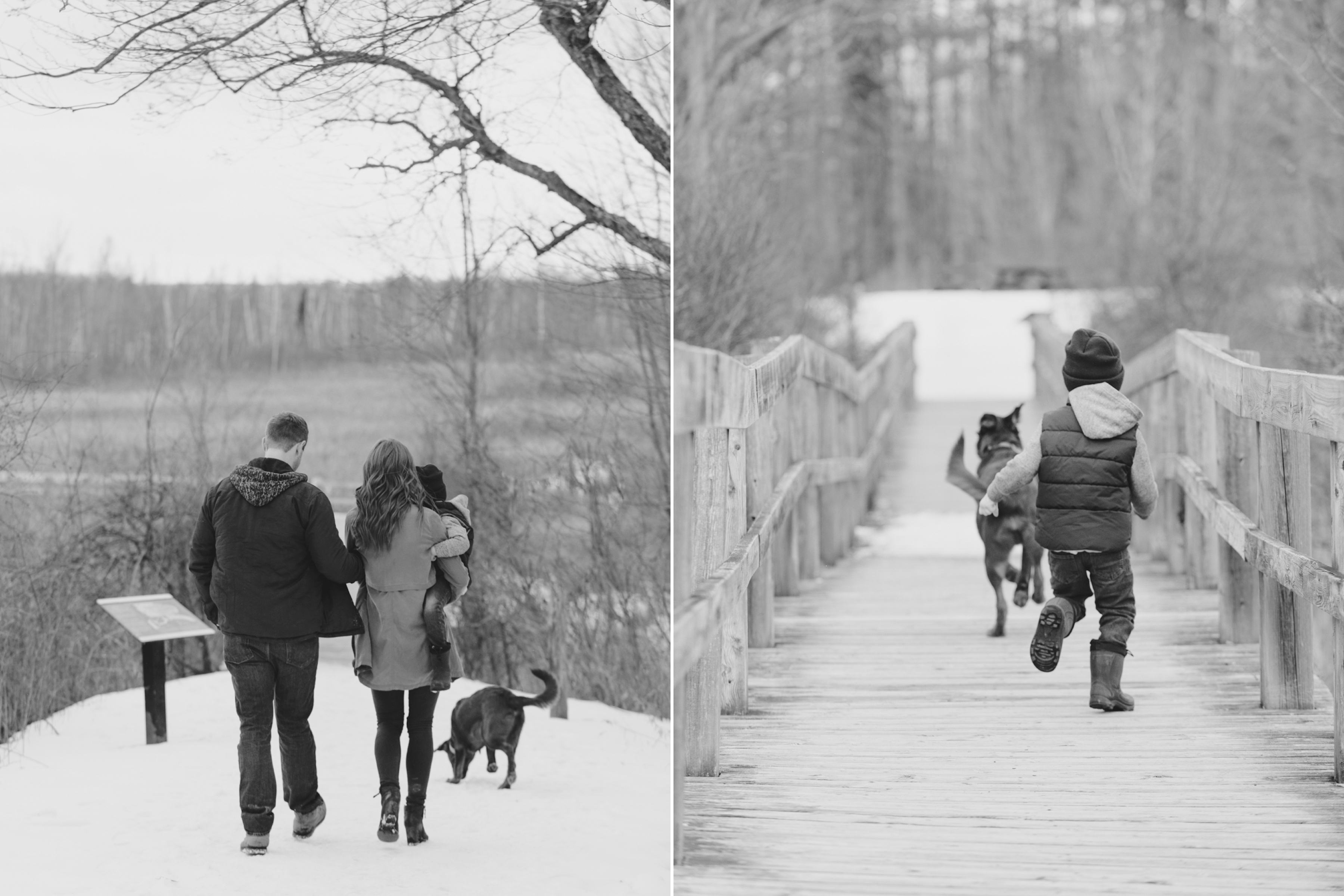 Family and dog taking winter walk at mer bleue bog