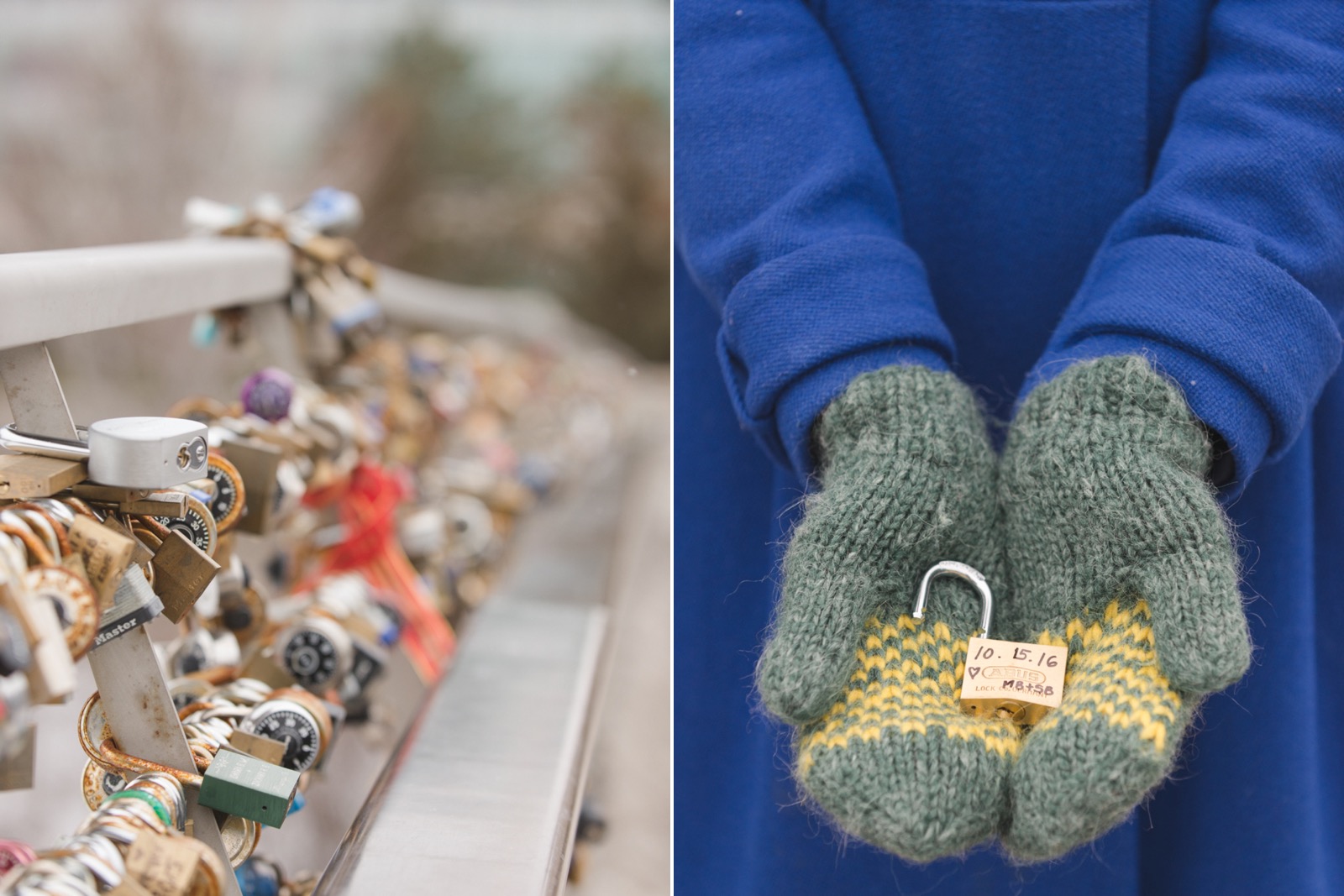 girl holding love lock with mittens on