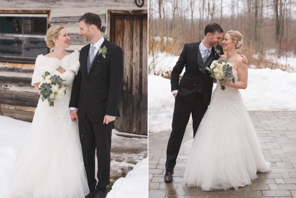 Bride and groom in front of rustic shed at Temples sugar bush winter wedding