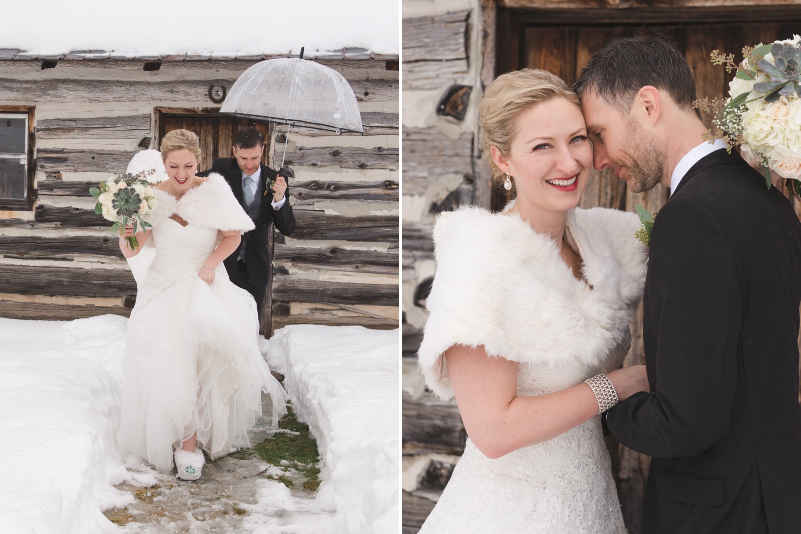 Bride and groom in front of rustic shed at Temples sugar bush winter wedding