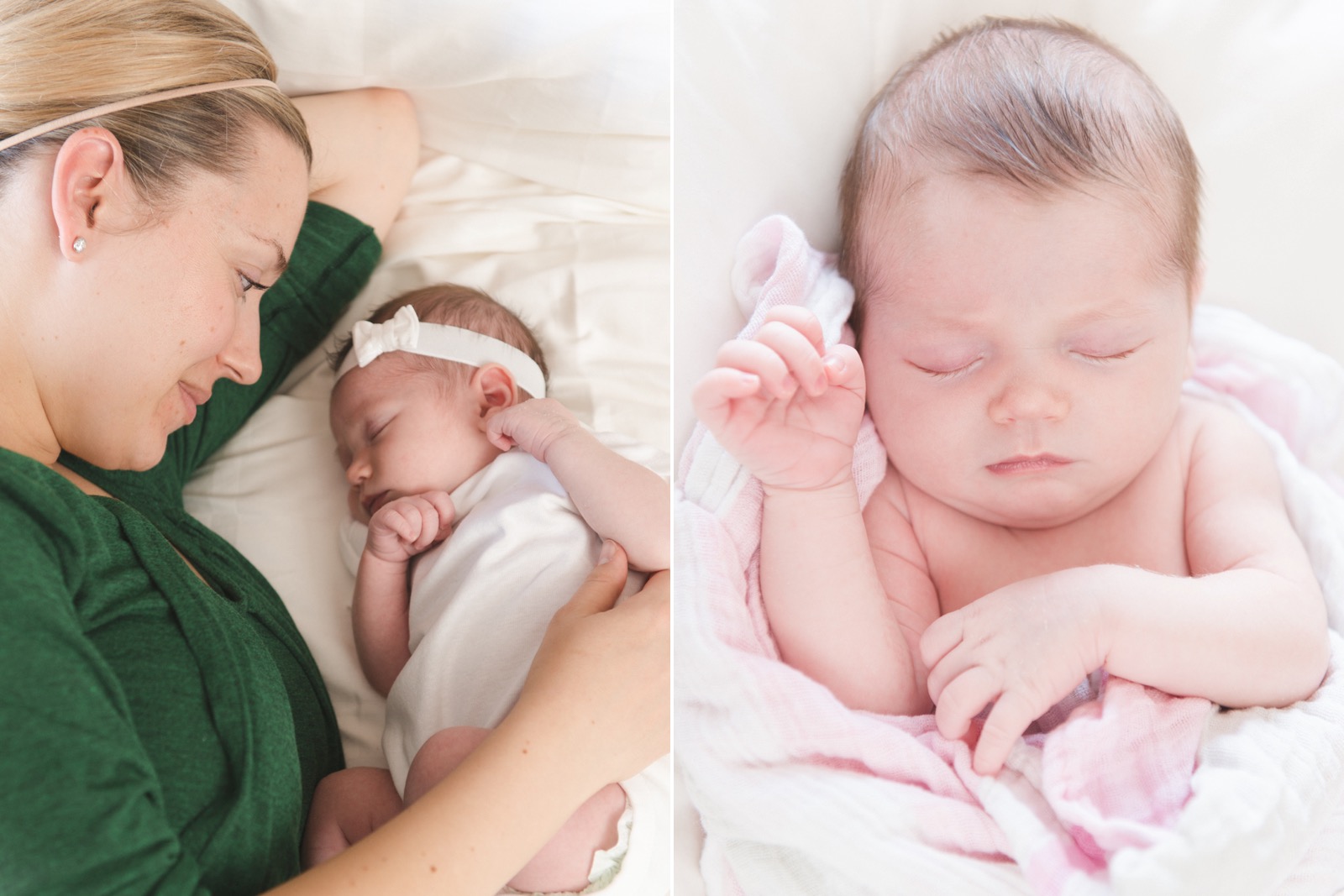 baby girl and her mom cuddling at home