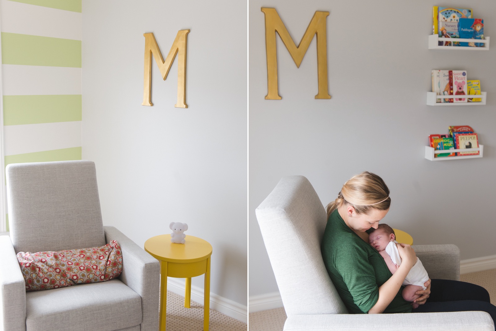 baby girl and her mom cuddling at home in the nursery