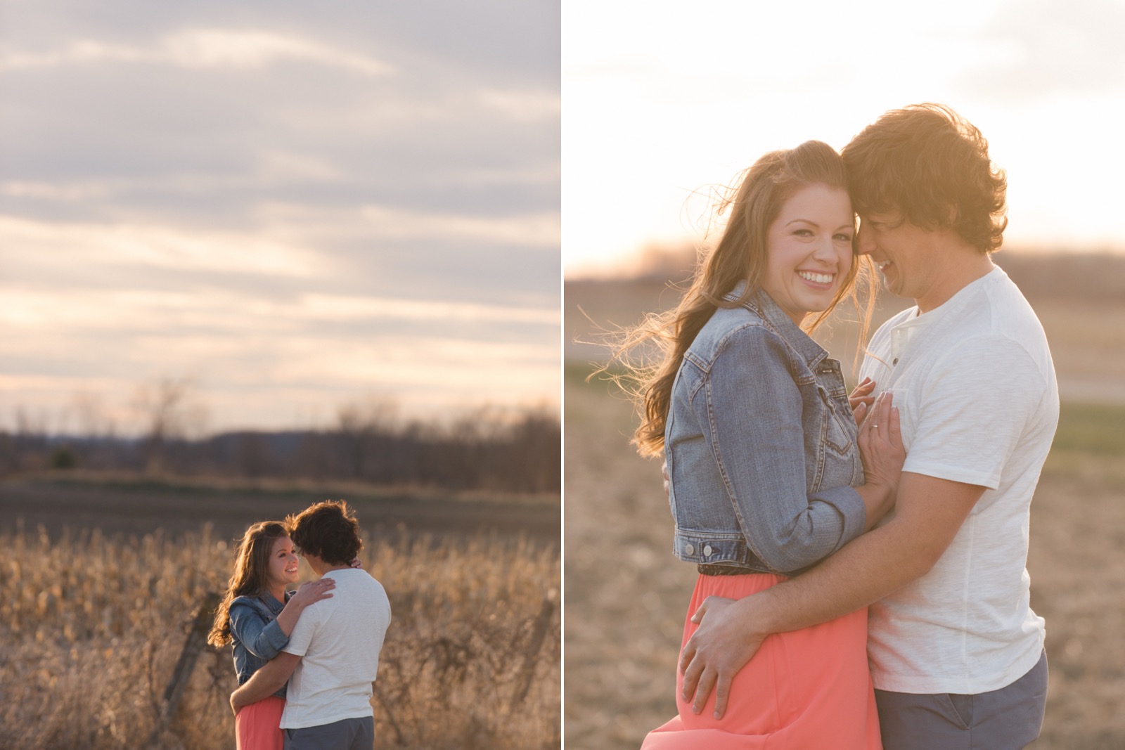 Engagement couple hugging at sunset in farmers fields