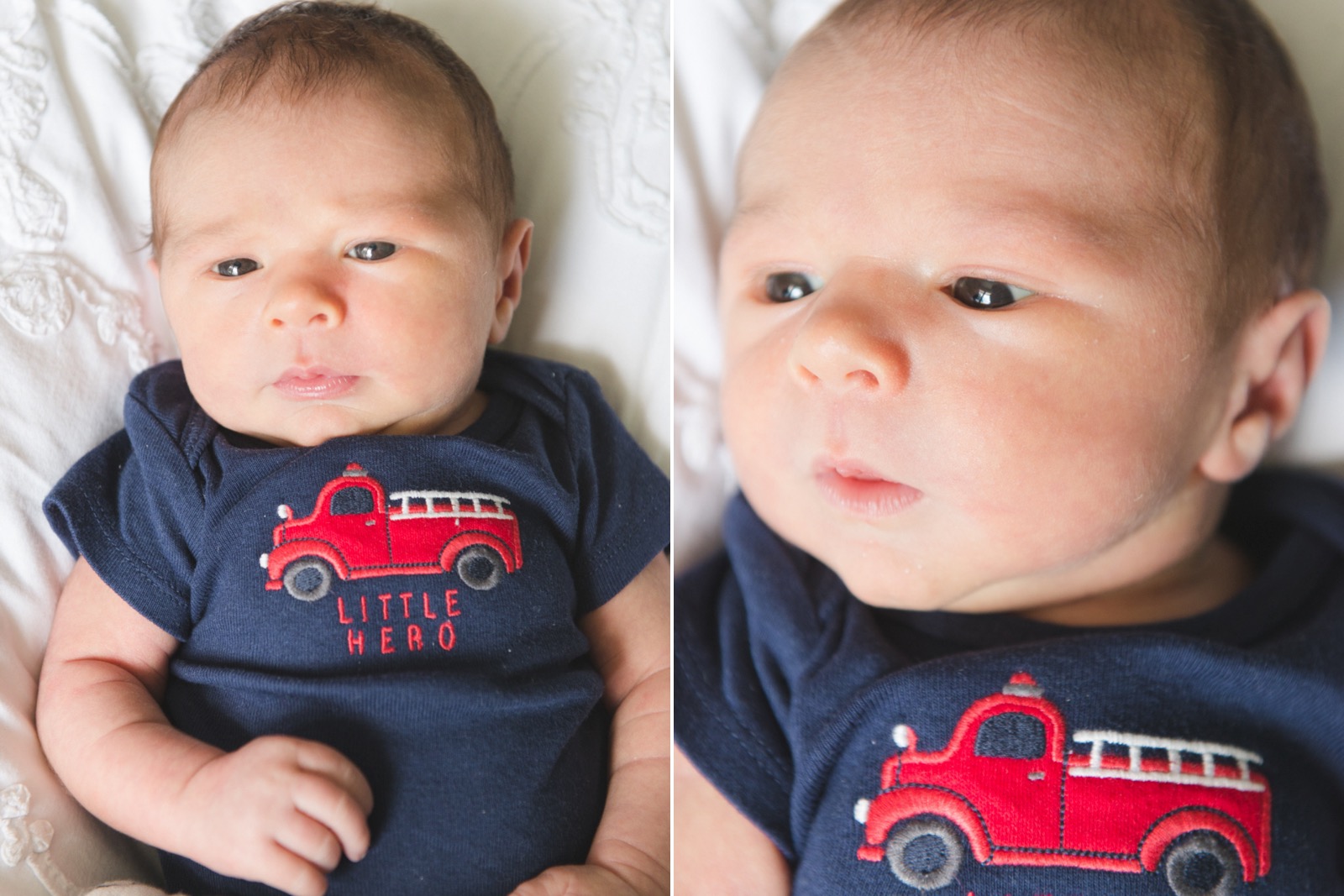 newborn baby boy in fire truck onesie