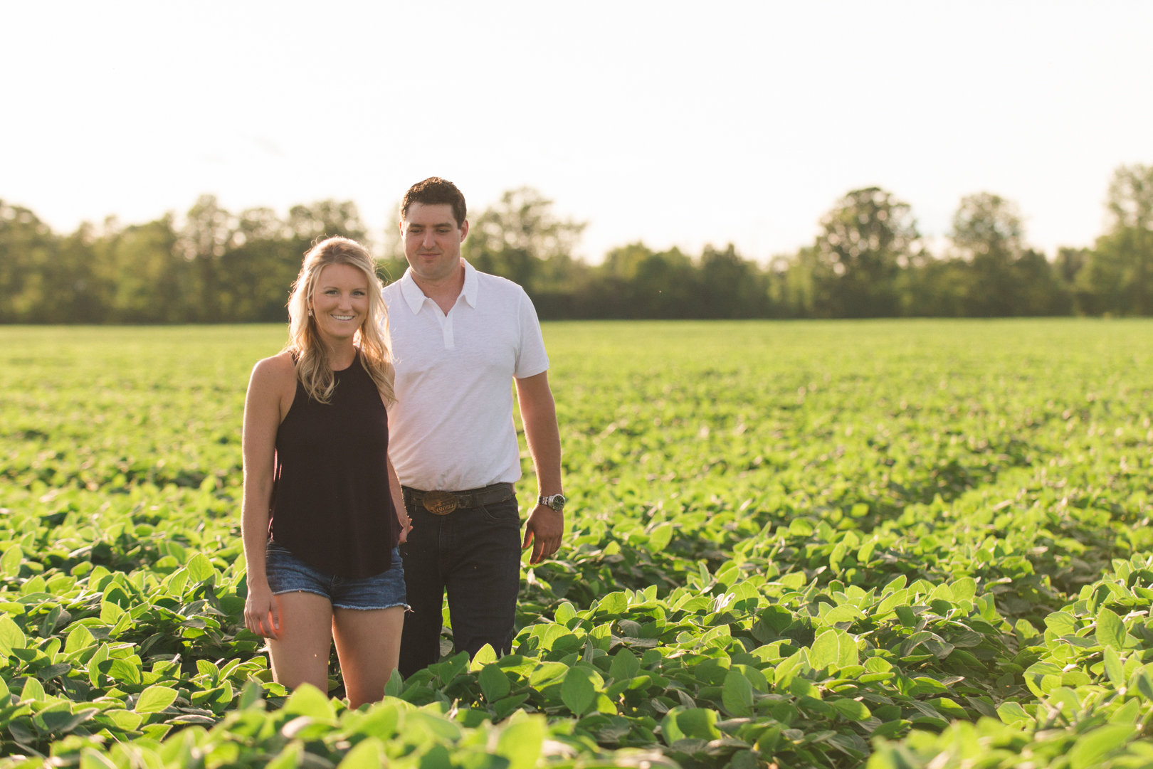 engaged couple walking hand in hand in soy bean field on a farm