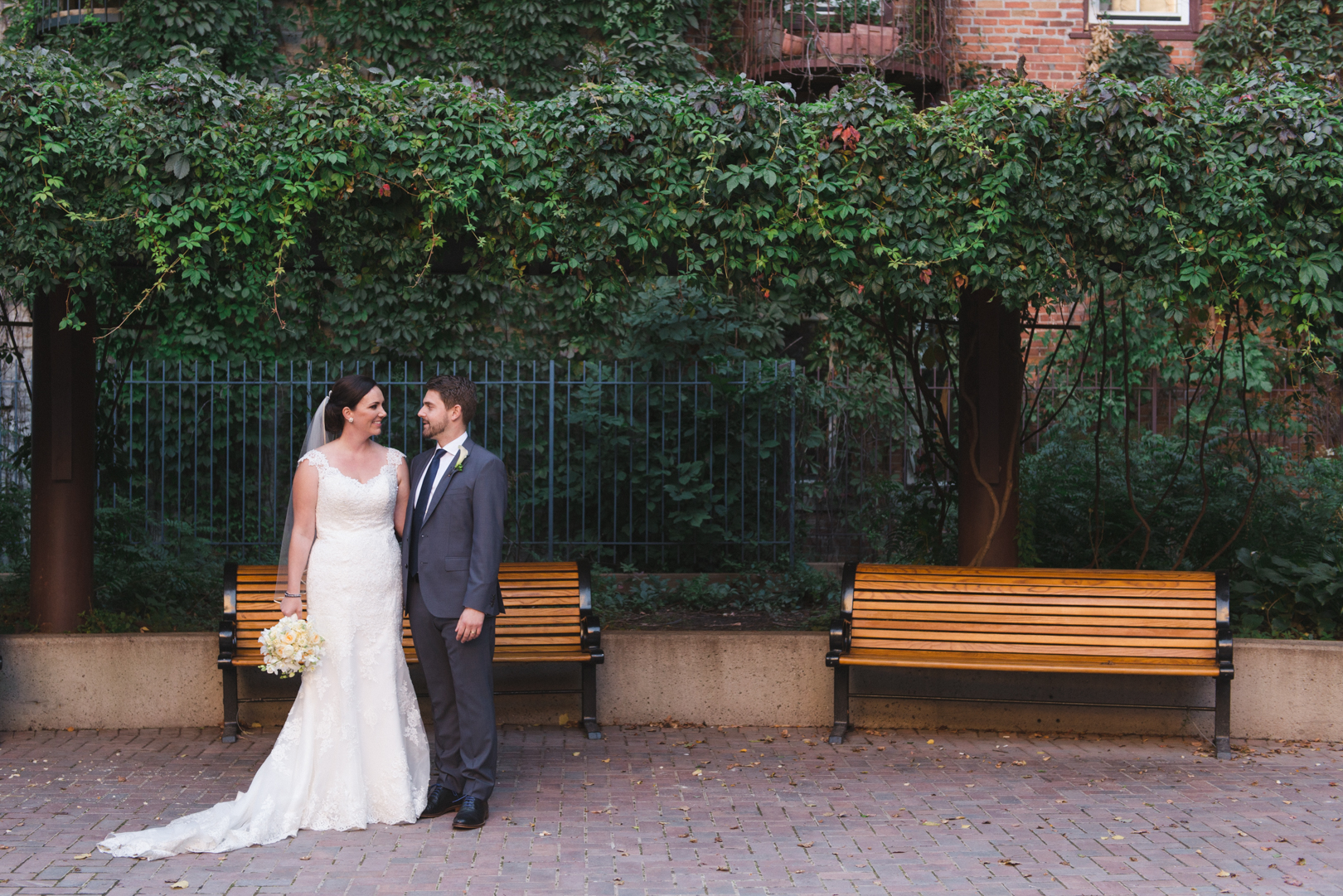 bride and groom in courtyard in byward market