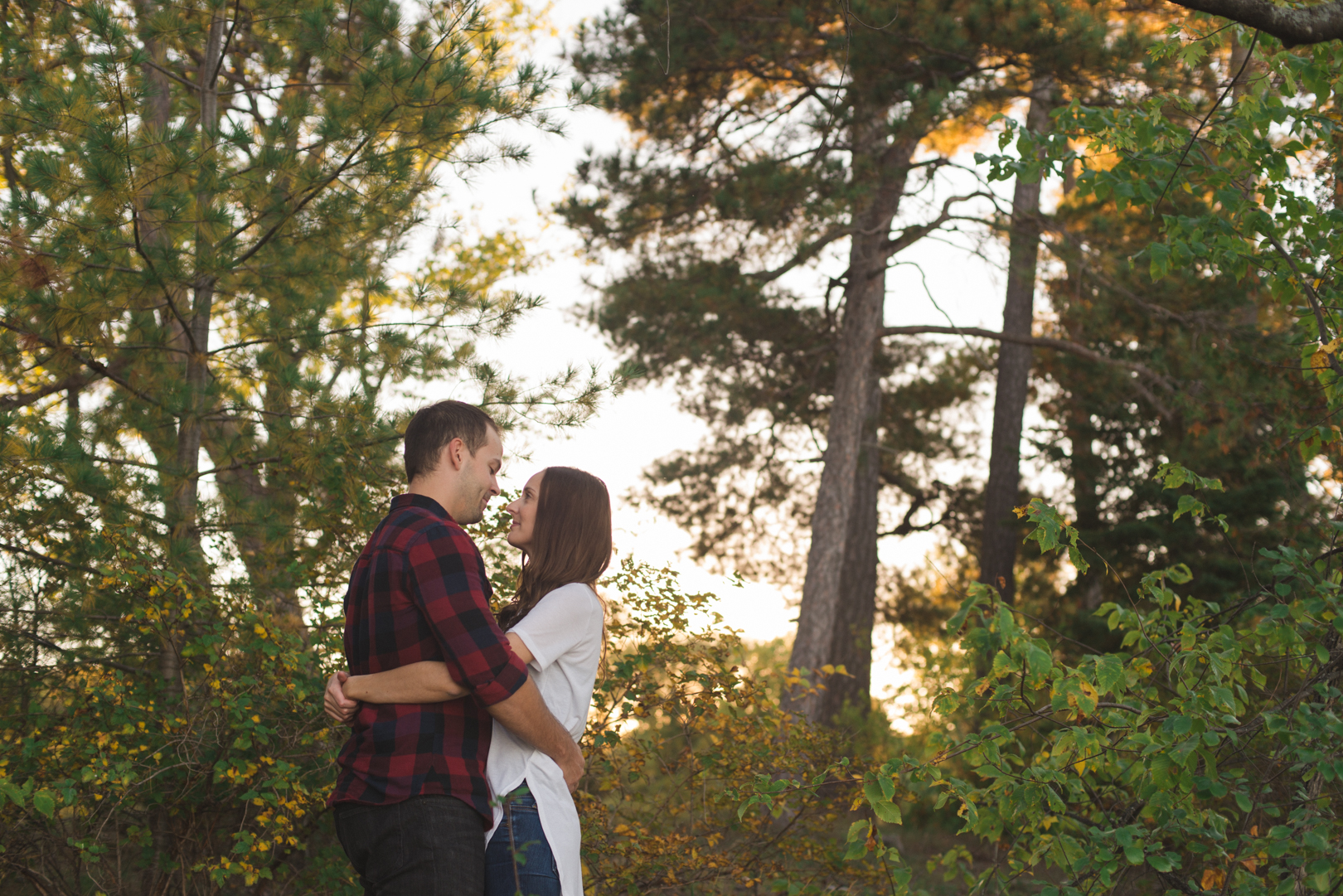 husband and wife to be hugging in the trees at sunset