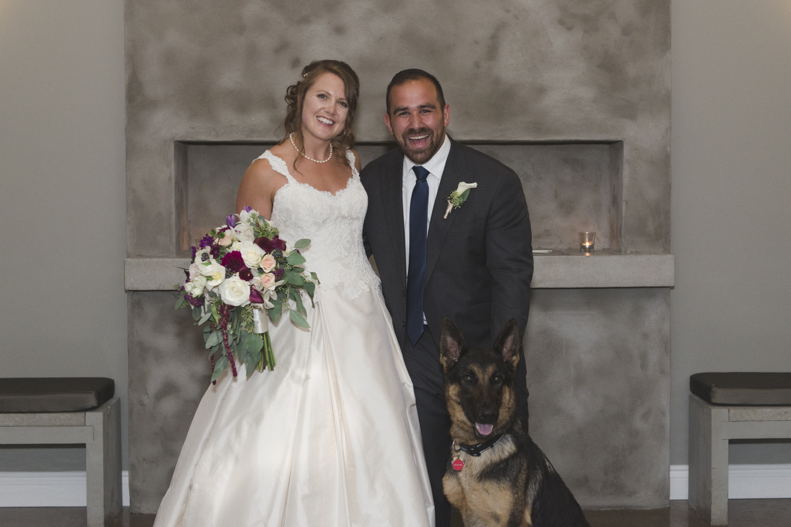bride and groom with dog at le belvedere