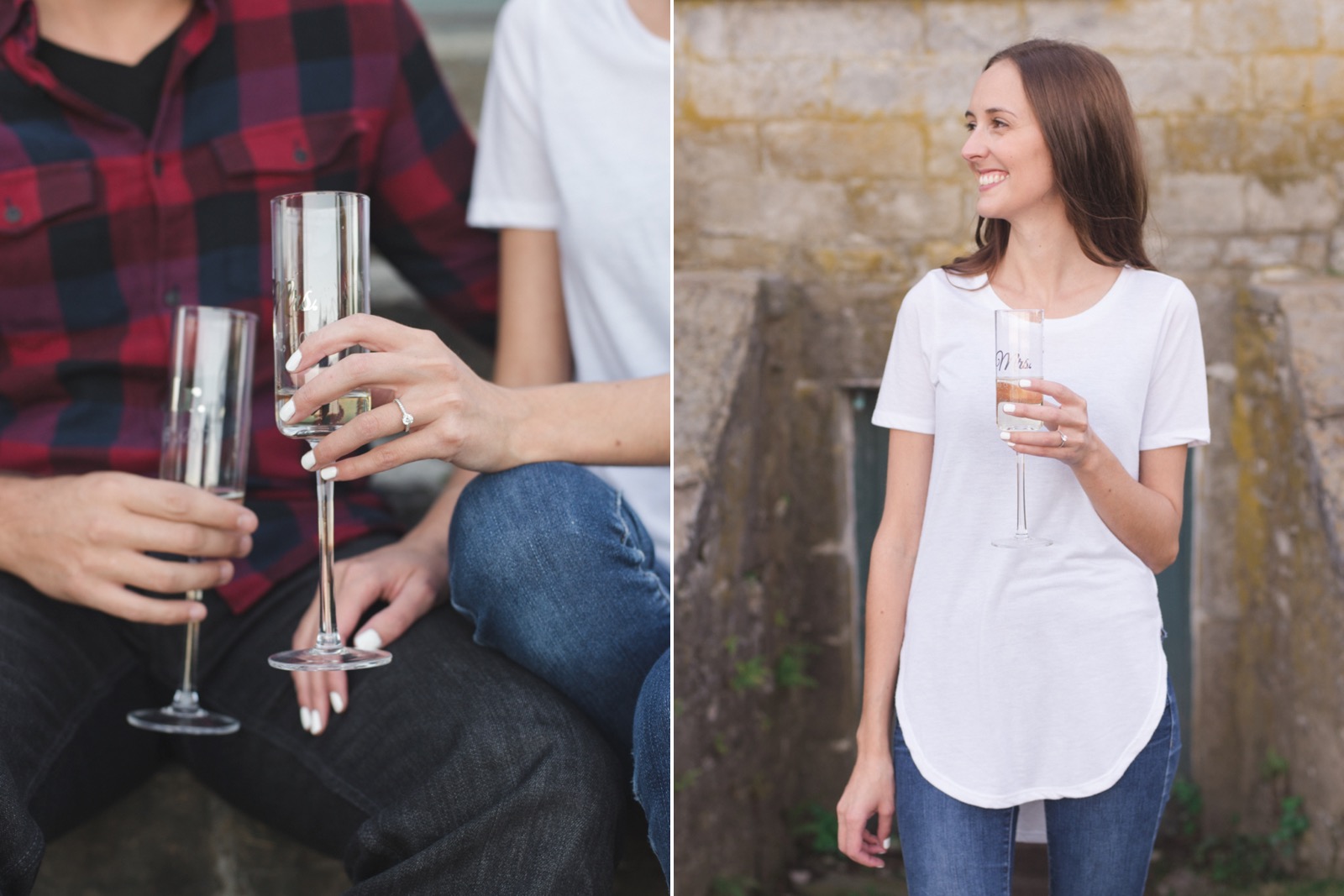 mr. and mrs. champagne glasses engagement photos