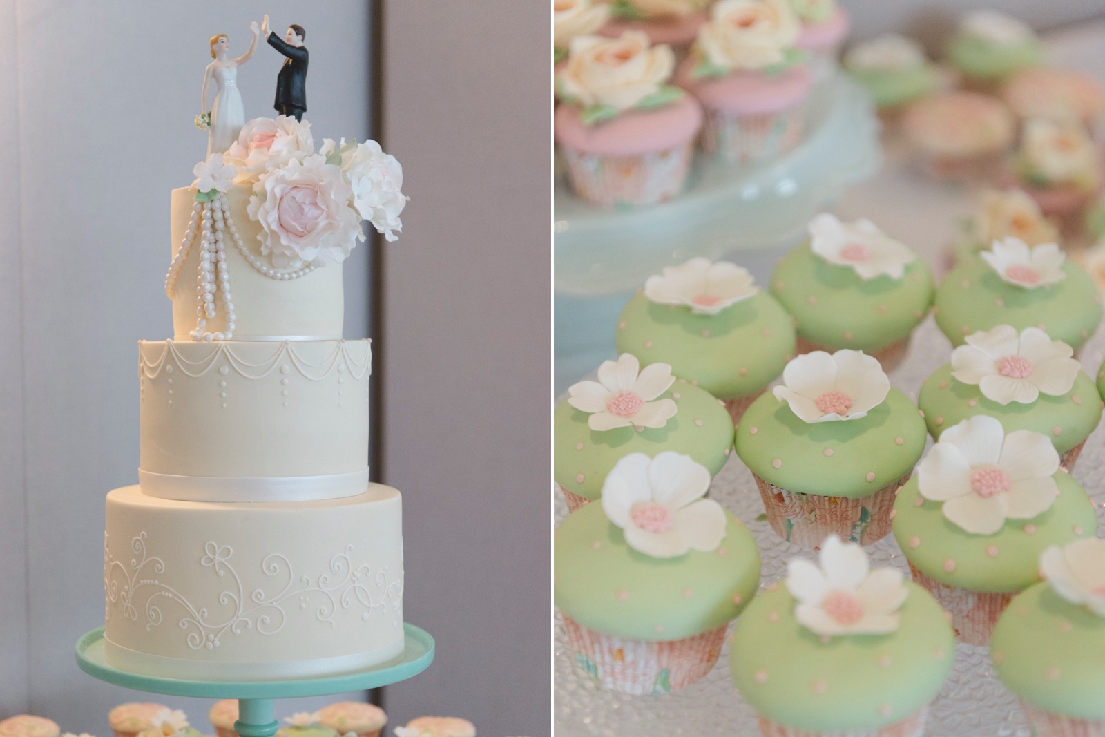 wedding cake and cupcakes at le belvedere
