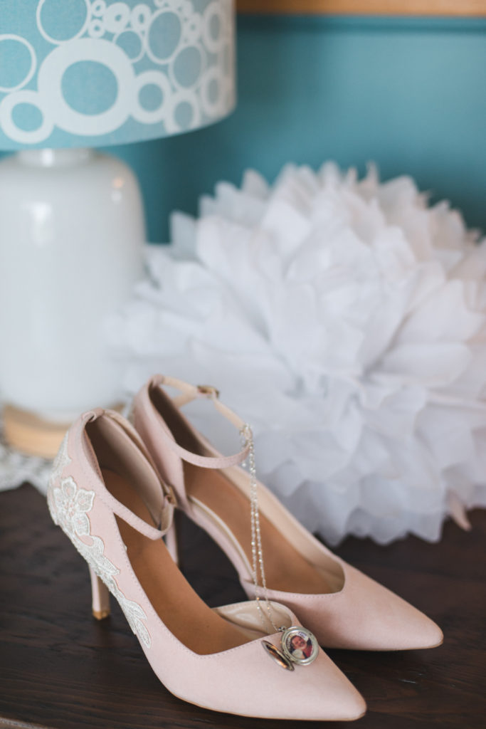 blush wedding shoes and locket
