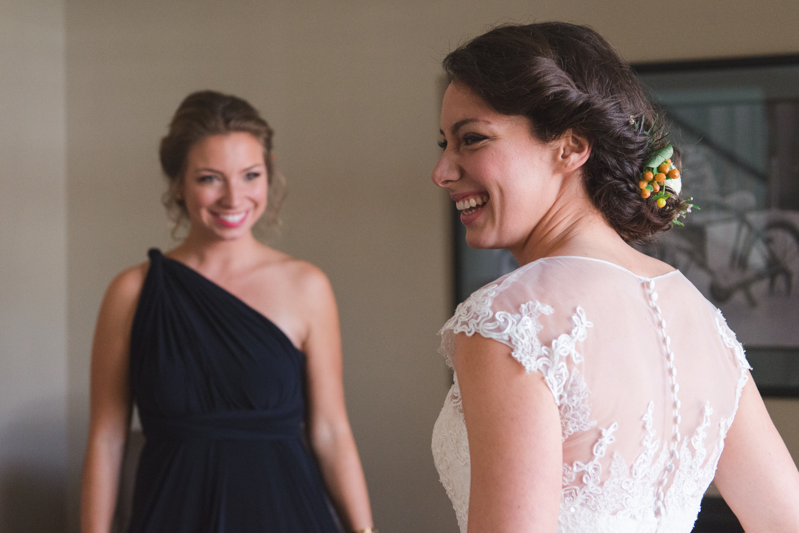 bride smiling before leaving for the wedding ceremony