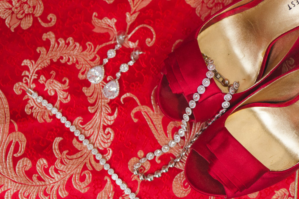 red Chinese wedding dress with red shoes and wedding jewellery