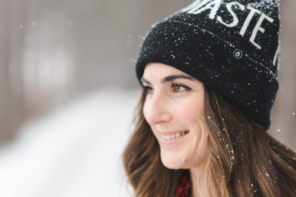 portrait of Nicola Anderson wearing snow covered Namaste toque