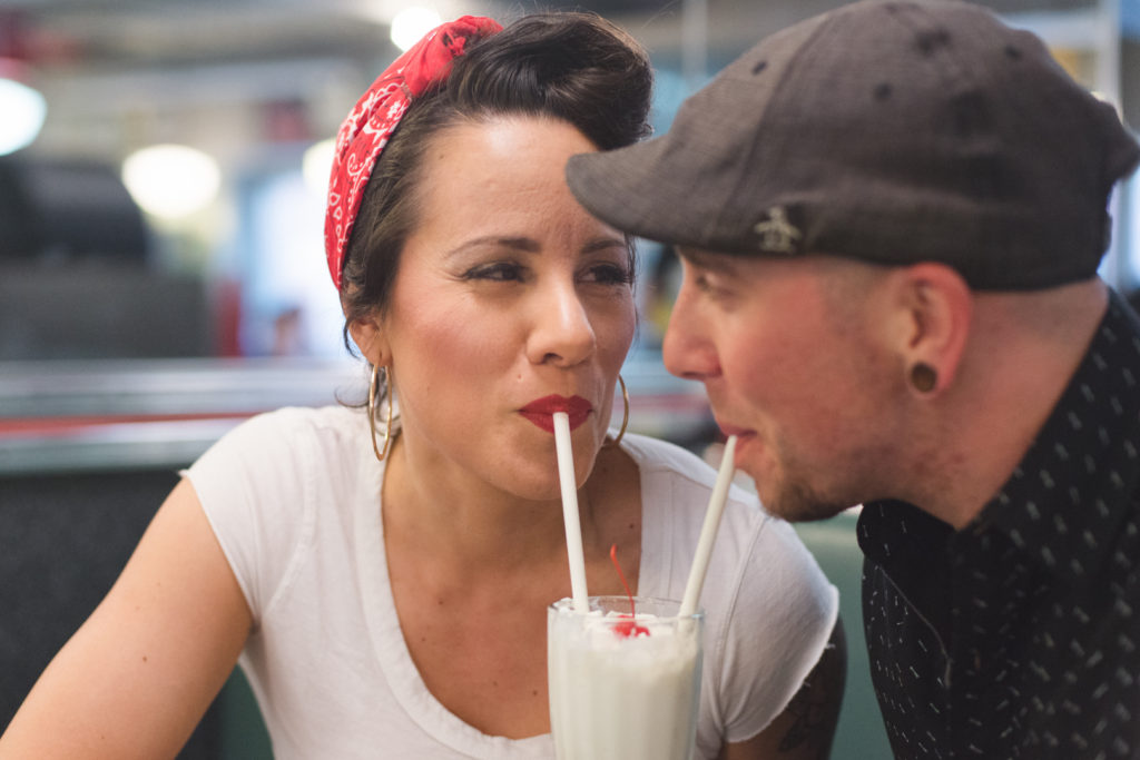 Retro engagement session at a diner
