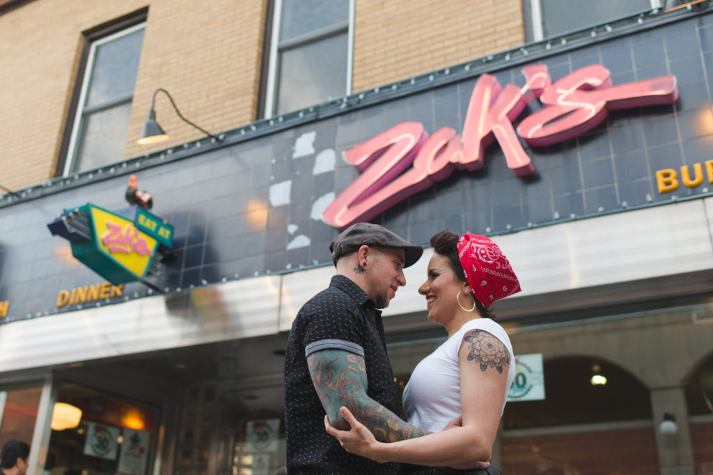 Retro engagement session at a diner