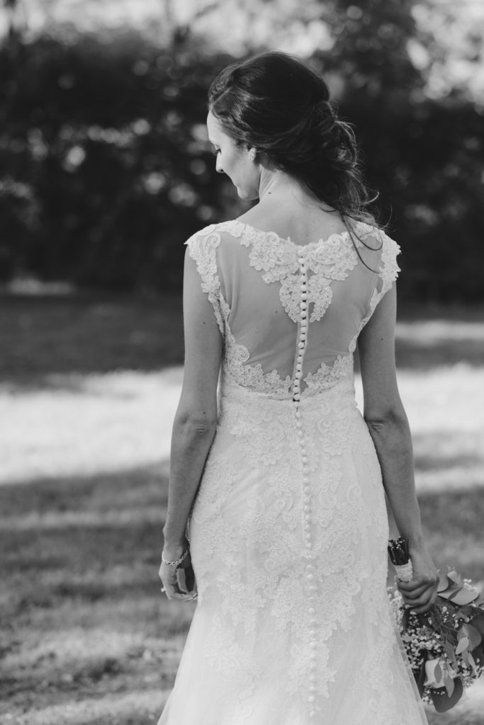 black and white photo of bride from behind