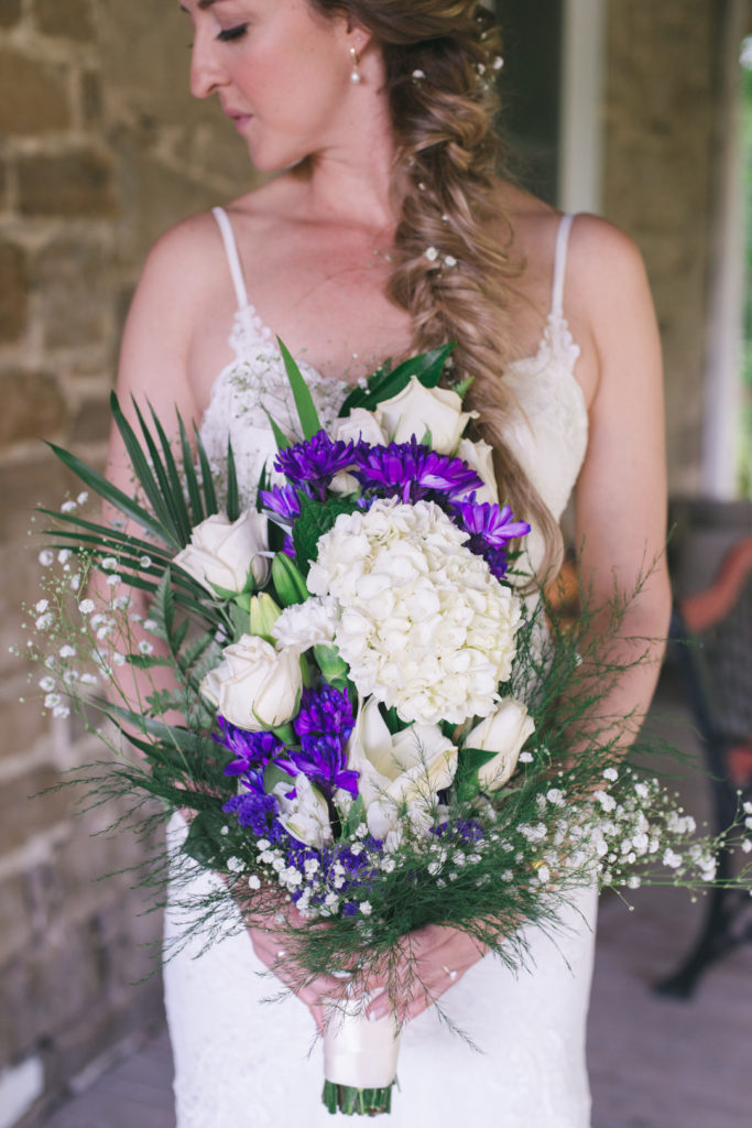 diy bouquet of purple and white flowers