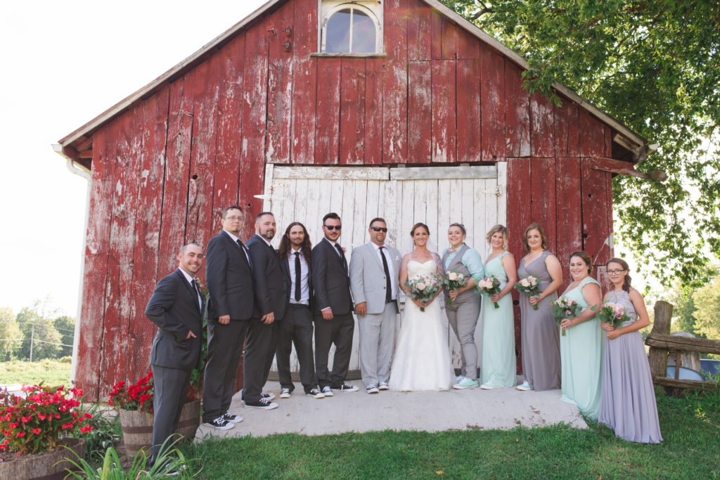 wedding party in front of red shed