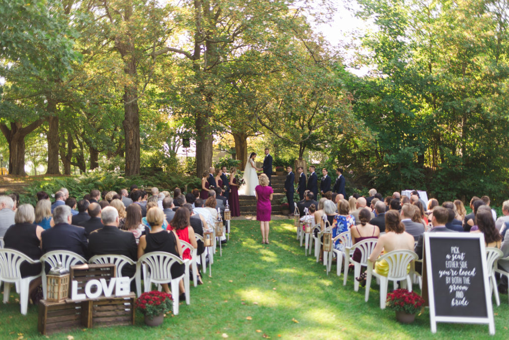 outdoor wedding ceremony on stone steps at Stanley's Maple Lane Farm