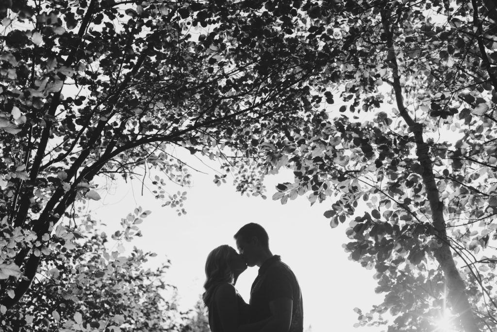 silhouette of couple kissing with trees surrounding them