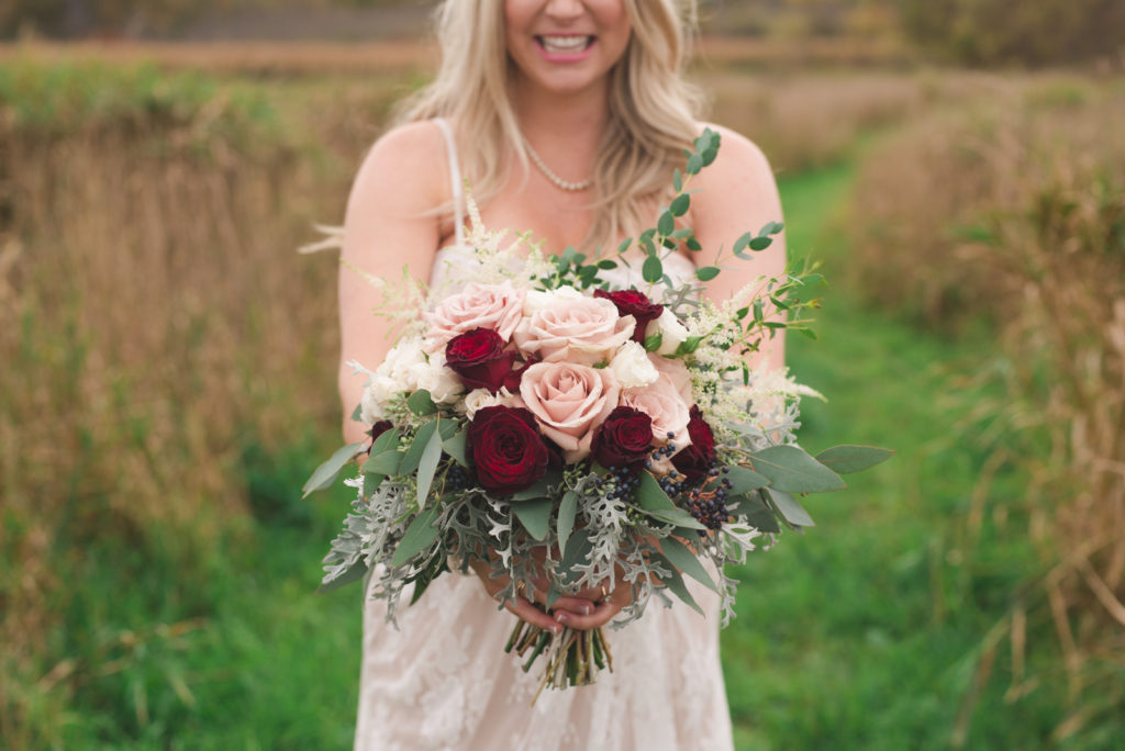 blush and red rose bouquet