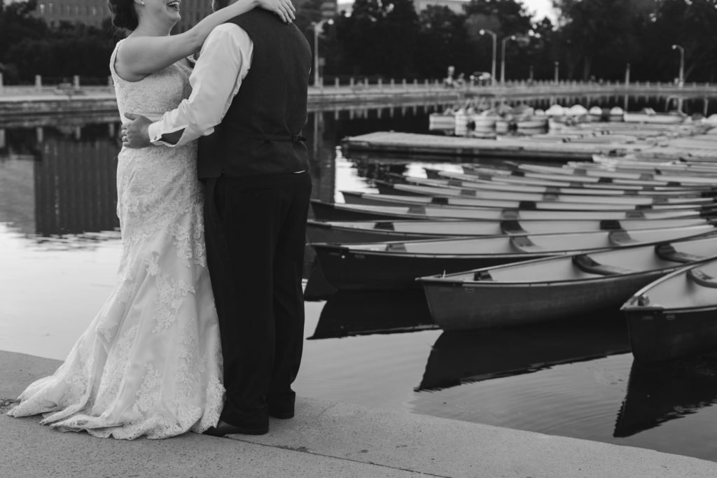 bride and groom by dows lake canoes