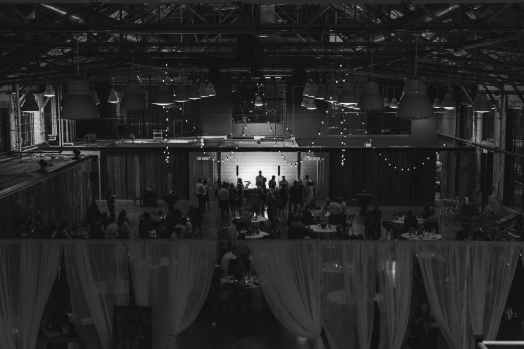 overhead view of the dance floor in black and white