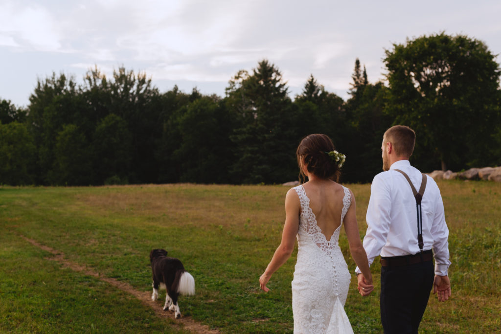 bride and groom walking with their dog at sunset down a path