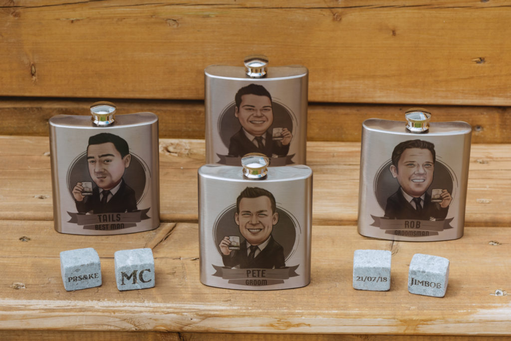 personalized flasks with groomsmen's caricature