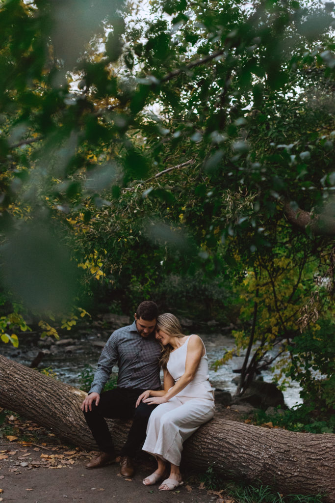 engaged couple sitting on a log cuddling in the woods