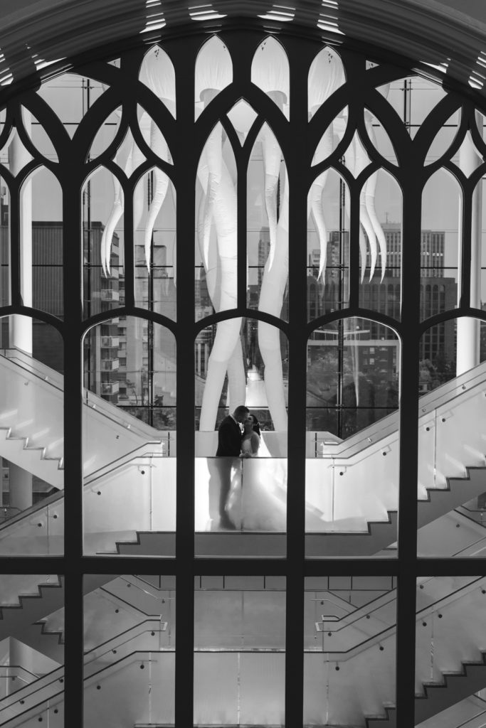 silhouette of bride and groom on staircase at the Museum of Nature in Ottawa