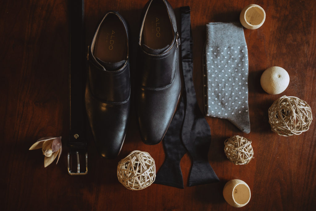 groom shoes, bowtie and socks flat lay