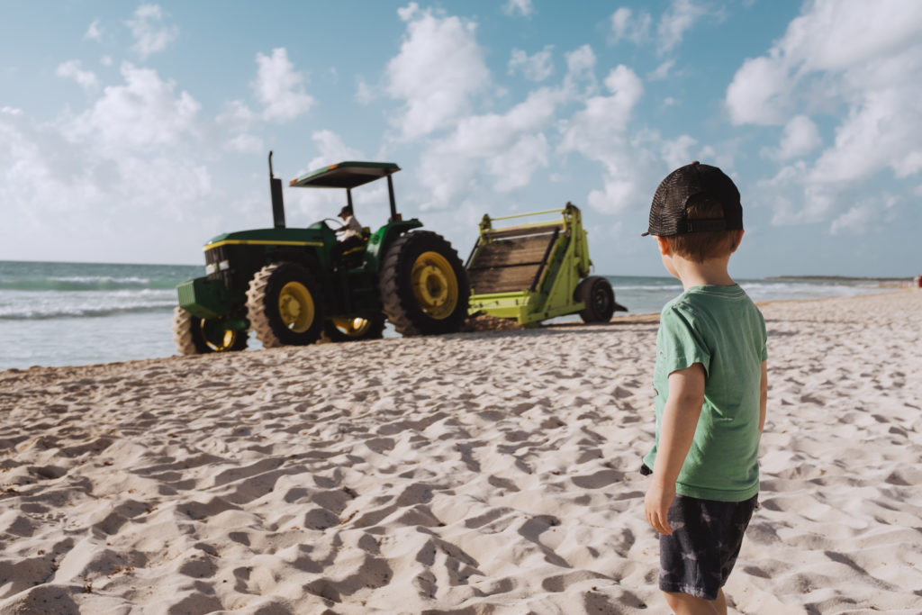 toddler watching tractor on the beach
