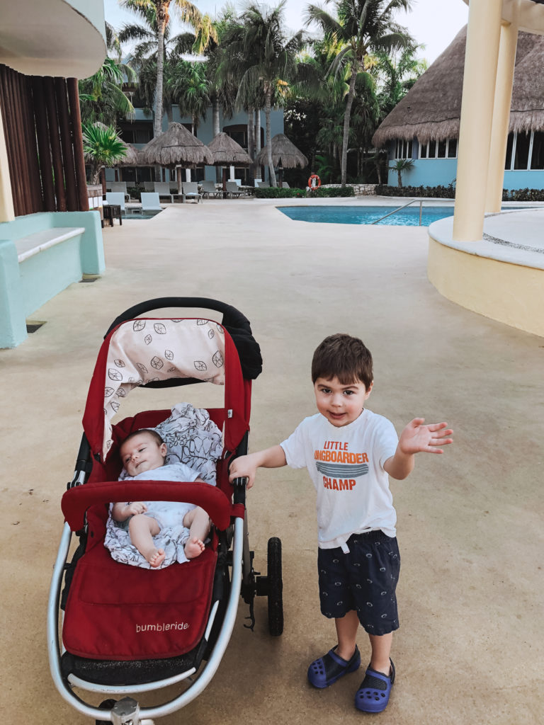 brothers on the way to breakfast at all-inclusive resort