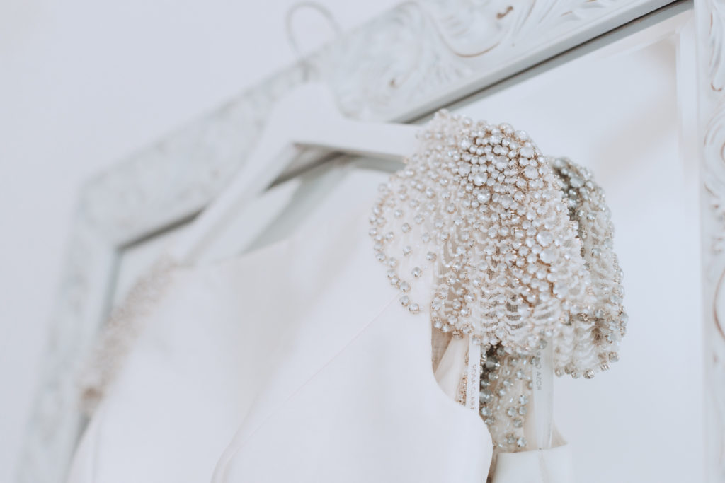 beaded cap sleeves on silk wedding dress