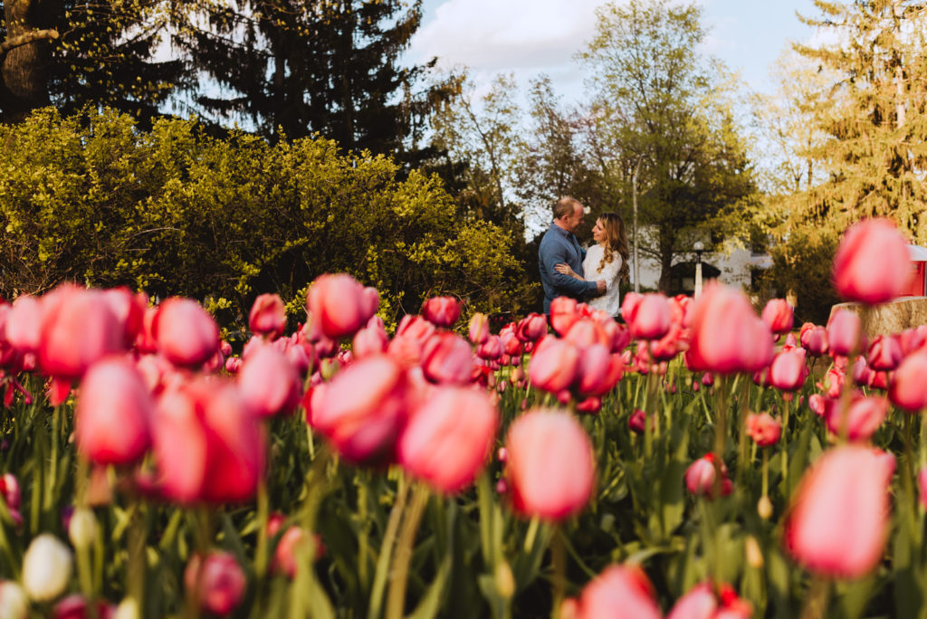 engaged couple cuddling in front of pink tulips