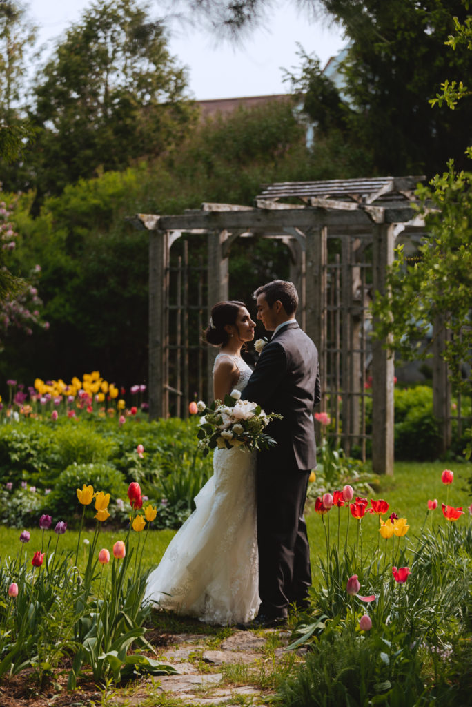 bride and groom among tulips in the garden