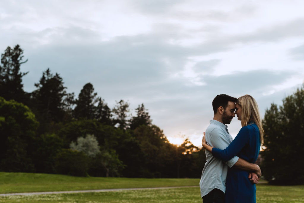 engaged couple in a field at sunset