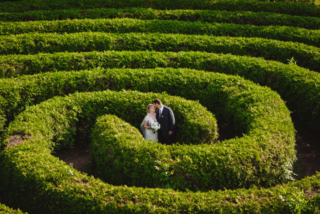 bride and groom in maze at saunders farm