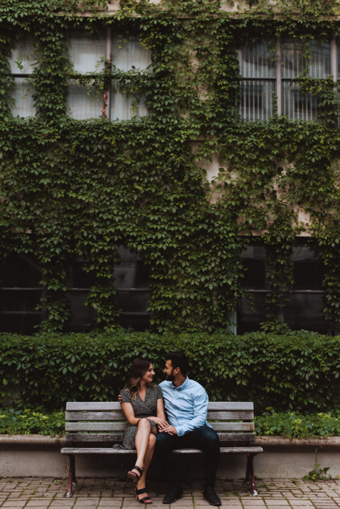 engaged couple sitting on a bench in front of wall with vines