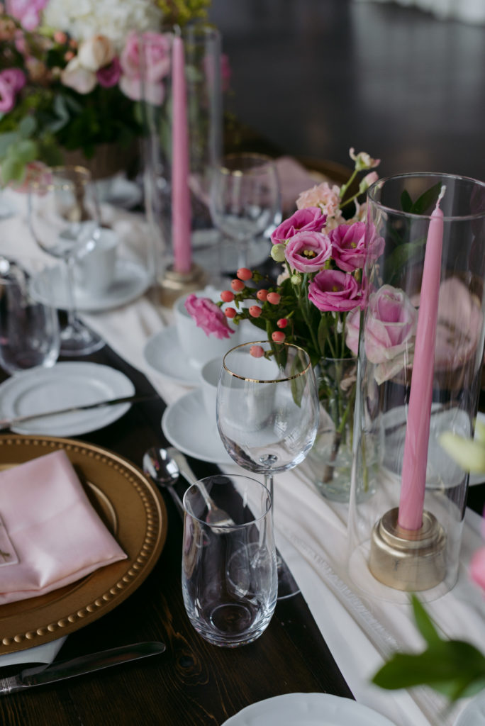 wedding reception decor in gold and blush