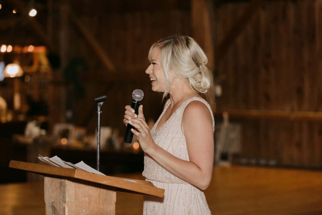 bridesmaid giving speech at Fields on West Lake