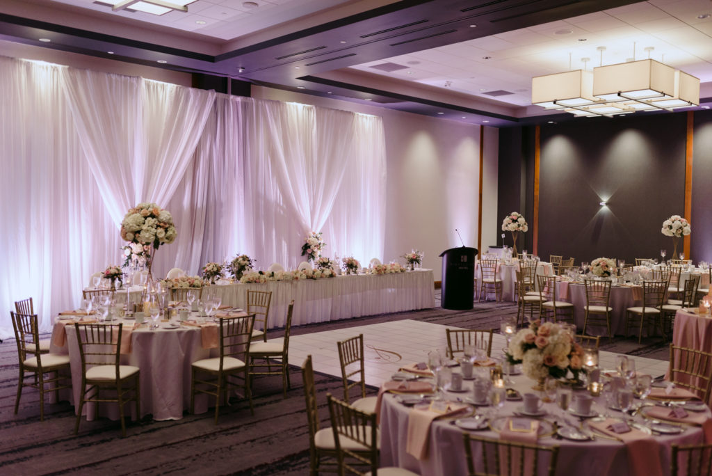 wedding reception decor in blush and gold at the brookstreet hotel