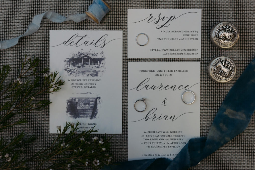 flat lay of wedding invitations and rings