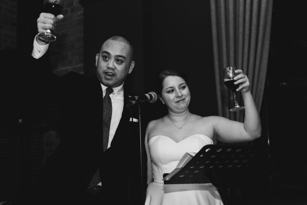 bride and groom toasting their guests during wedding reception at the albion rooms