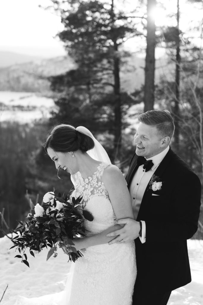 bride and groom laughing at le belvedere winter wedding