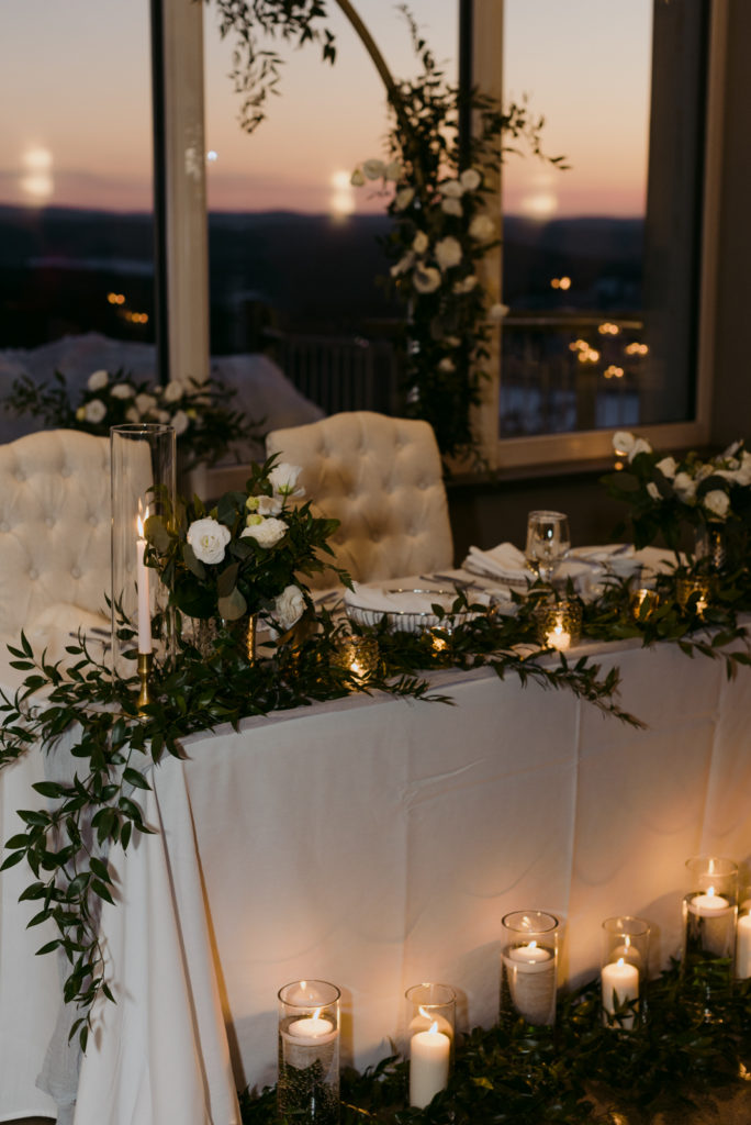 sweetheart table at sunset by candlelight at le belvedere in wakefield