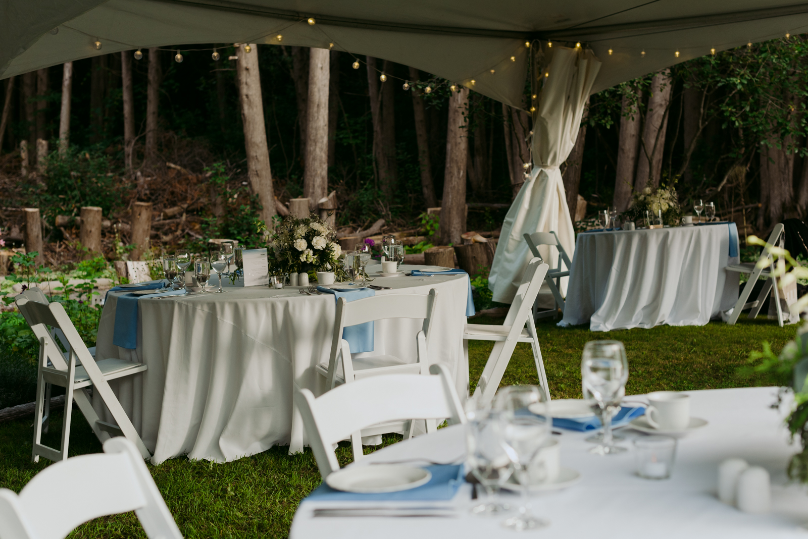 wedding reception tables at backyard wedding